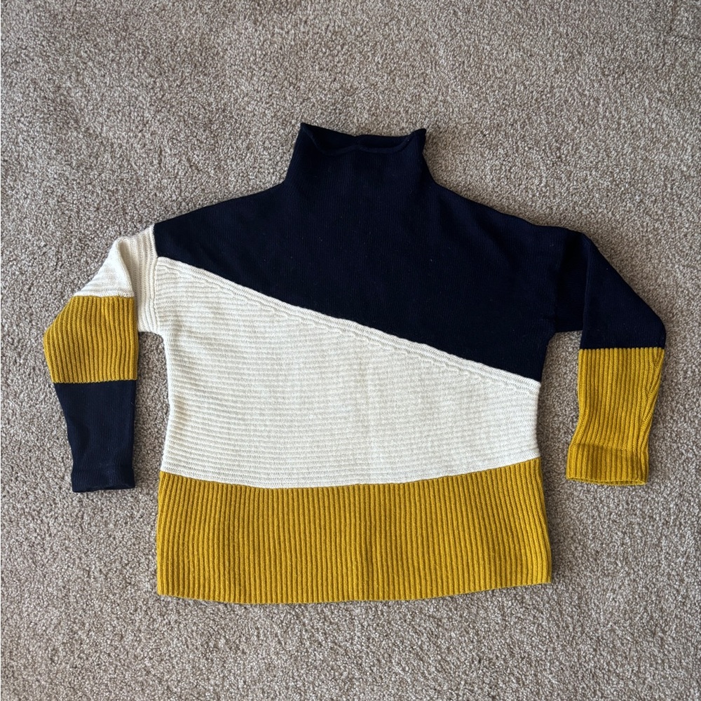EUC French Connection‎ Small Heavy Knit Mock Neck Sweater Colorblock Luxury Wool